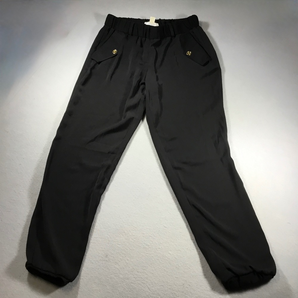 Michael Kors Black Jogger Pants Gold Logo Button Pockets Women Small